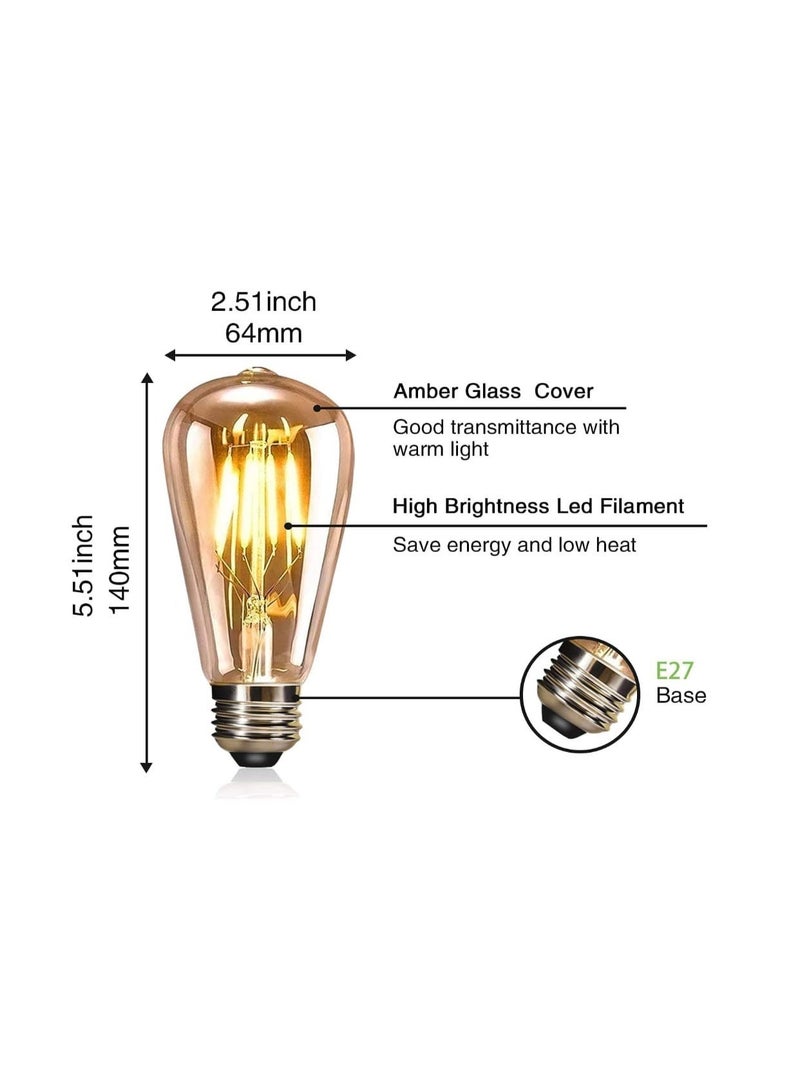 EASTERNSTAR لمبة إديسون LED E27، مصابيح إضاءة عتيقة 7 وات مكافئة 70 وات، لمبة خيوط LED قديمة ST64 مصباح لولبي زجاجي كهرماني، 680LM 2700K أبيض دافئ، عبوتان¬†[فئة الطاقة أ] - Image 5
